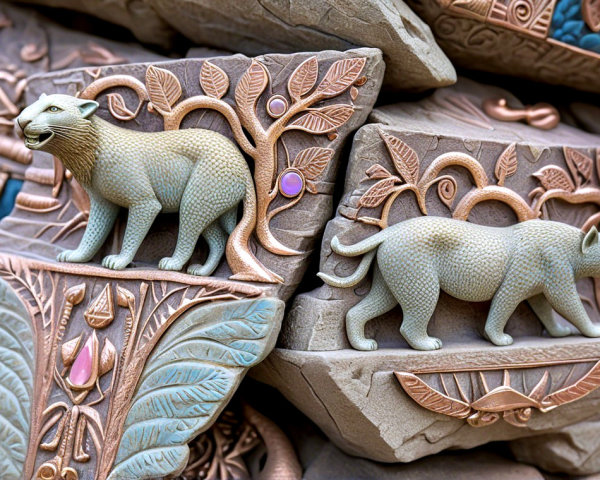 Intricately Carved Stone Reliefs with Feline Figures