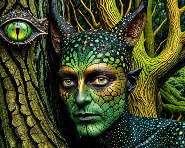 Vibrant Body Paint and Mystical Tree in Enchanting Forest