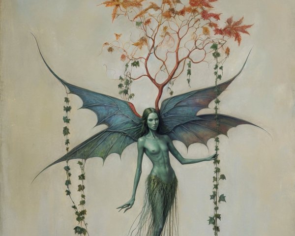 Mystical Figure with Green Skin and Bat-Like Wings