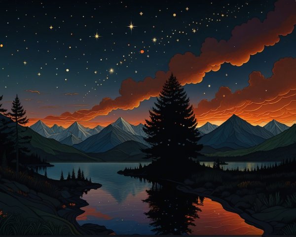 Twilight Landscape with Mountains and Reflective Lake