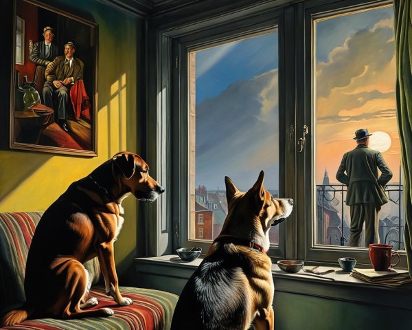 Cozy Room with Dogs and Sunset Cityscape View
