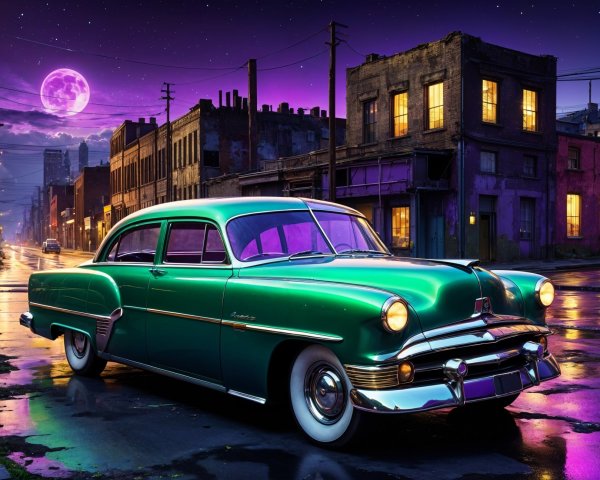 Vintage Green Car Under Moonlight on Lively Street