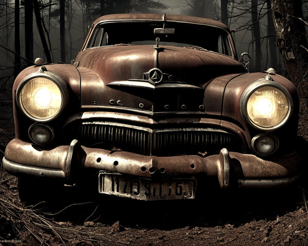 Vintage Car in Abandoned Forest Setting