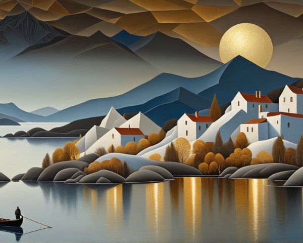 Serene landscape with lake, mountains, and autumn hues