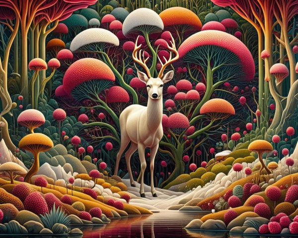 Majestic White Deer in a Fantastical Forest Scene
