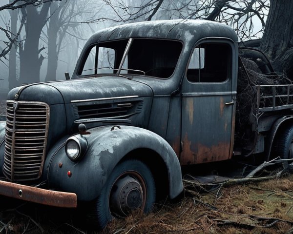 Abandoned Rusty Truck in Foggy Woodland Scene