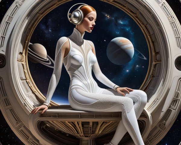 Futuristic Woman in Spacecraft with Cosmic Backdrop