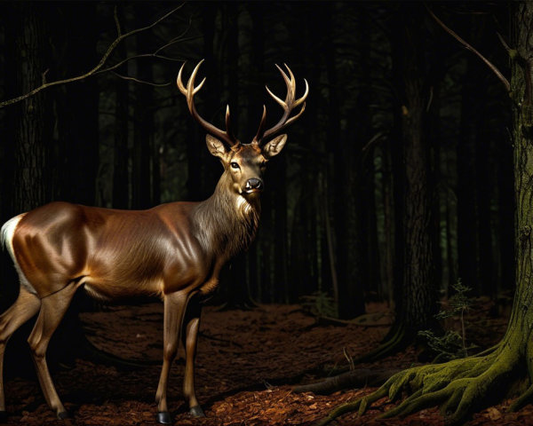 Majestic stag in a dimly lit forest setting
