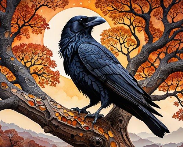 Raven on Gnarled Branch with Autumn Leaves and Sunset