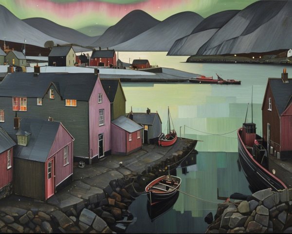 Coastal Village with Colorful Houses and Northern Lights