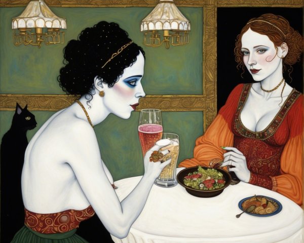 Two Women at a Table with Feast and Black Cat