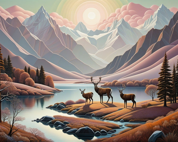 Serene Mountain Landscape with Deer by Tranquil Lake
