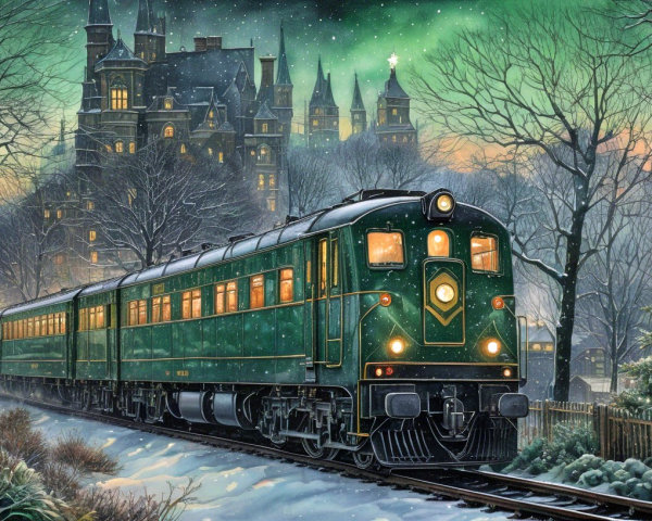 Emerald Green Train in Snowy Castle Landscape