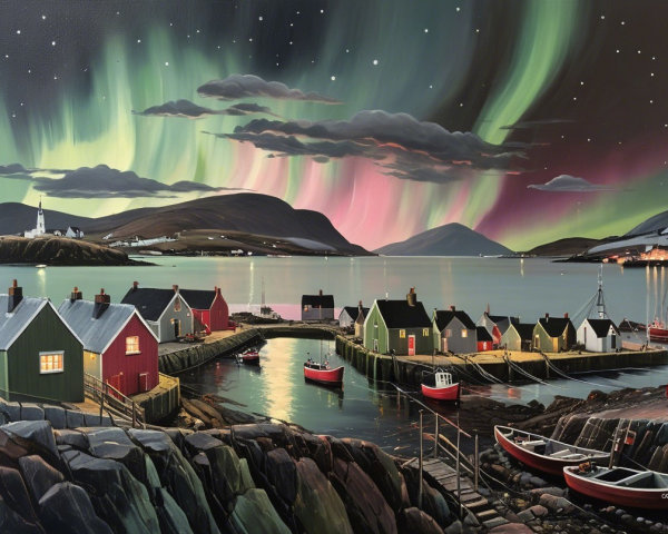 Vibrant harbor under northern lights with colorful houses