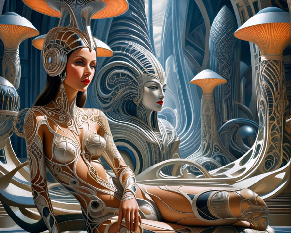 Futuristic Scene with Metallic Body Art and Surreal Architecture
