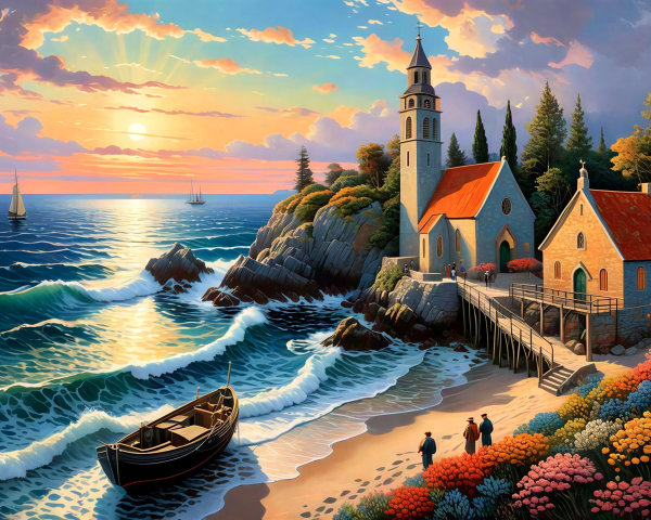 Coastal Sunset Scene with Church and Chapel Details