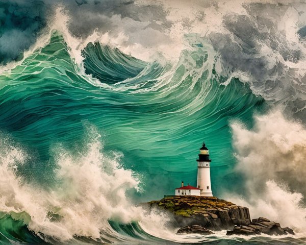 Dramatic Seascape with Lighthouse and Stormy Waves