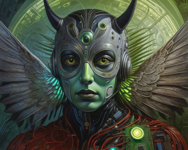 Futuristic Figure with Green Skin and Circuit Wings