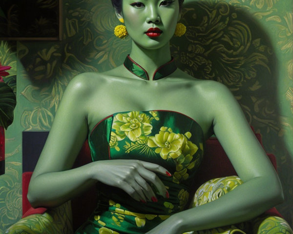 Woman with Green Skin in Floral Dress and Red Chair