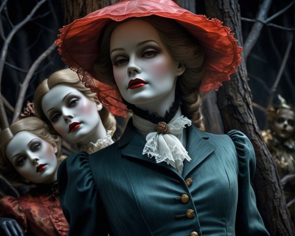Mannequins in Victorian Attire in a Dark Forest