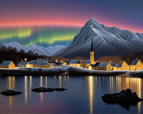 Serene winter landscape with village and auroras
