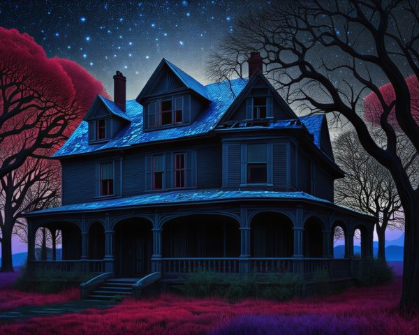 Victorian-style haunted house under starry night sky