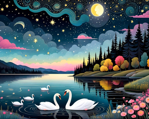 Tranquil Night Scene Over a Shimmering Lake