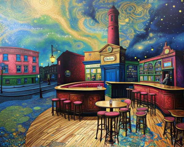 Surreal Colorful Pub Scene with Starry Sky Elements