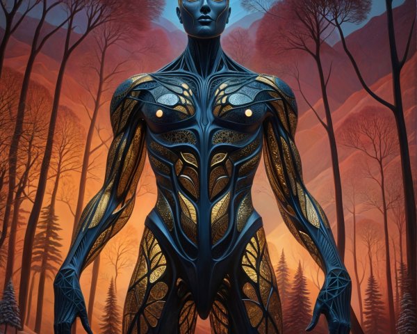 Humanoid Figure with Bio-Organic Design in Landscape