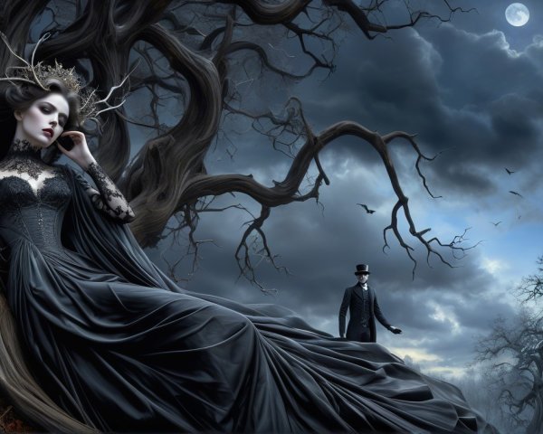 Mystical Figure in Black Gown Under Moonlit Sky