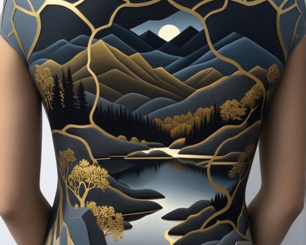 Stylized Landscape Shirt Design on Woman's Back