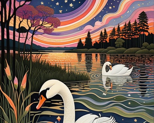 Serene Lake Scene with Swans and Colorful Sky