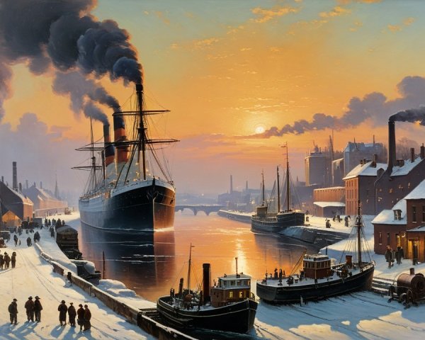 Winter Harbor Scene at Sunset with Steamships and Boats