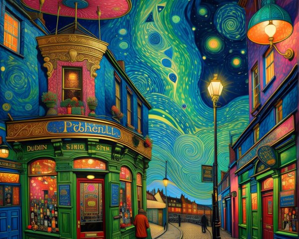 Whimsical Street Scene with Colorful Buildings and Stars