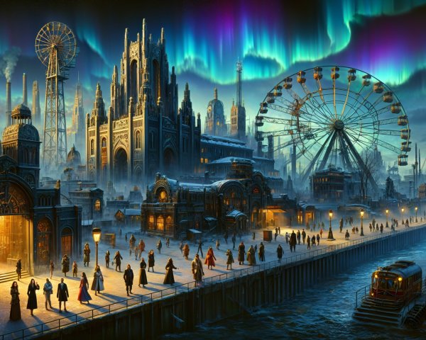 Fantastical Cityscape with Aurora Borealis and Gothic Architecture