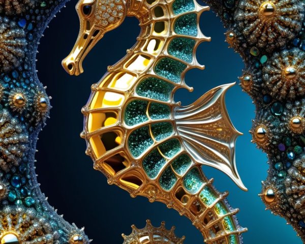 Majestic Seahorse with Gold Patterns in Blue Background