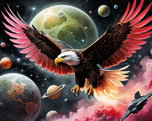 Eagle in Cosmic Landscape with Colorful Planets