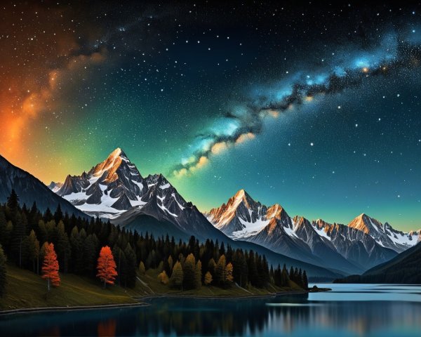 Twilight Landscape with Snow-Capped Mountains and Lake