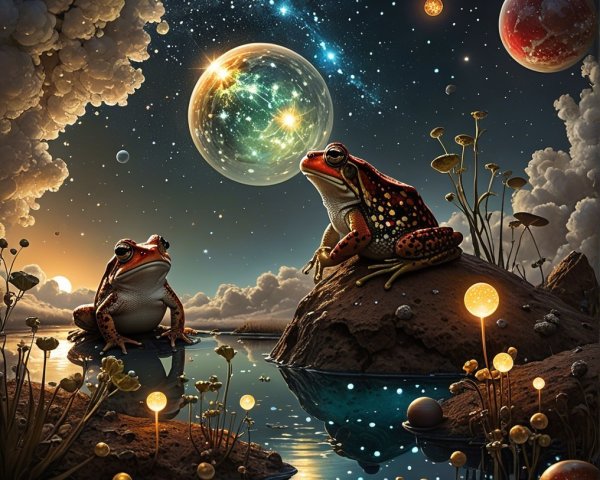 Colorful Frogs in a Cosmic Landscape at Night