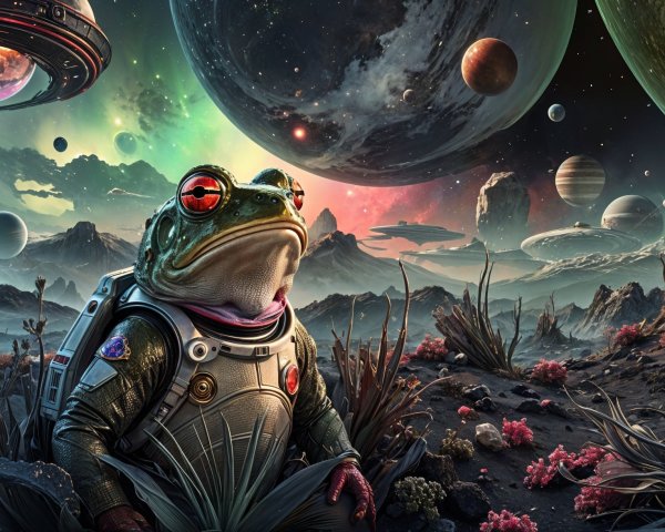 Whimsical Alien Landscape with Space-Faring Frog