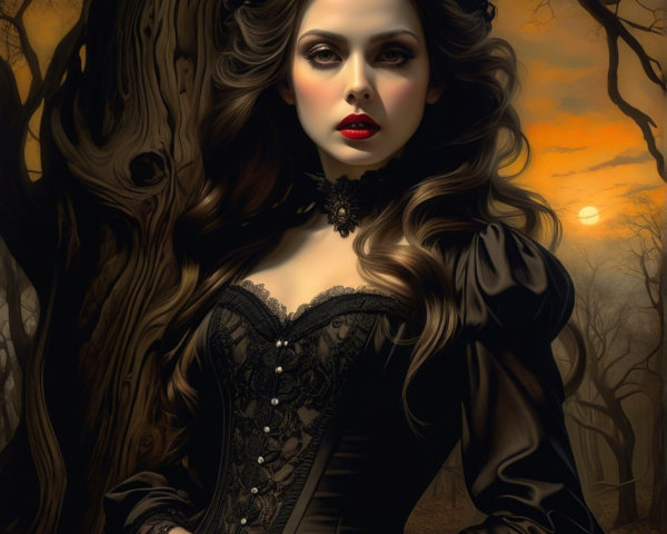 Victorian Figure in Gothic Sunset Landscape