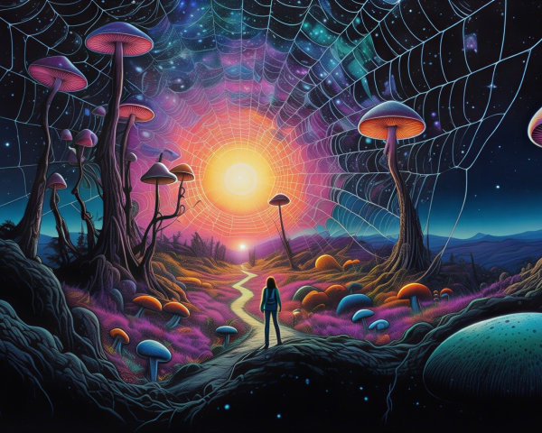 Psychedelic Landscape with Giant Mushrooms and Stars