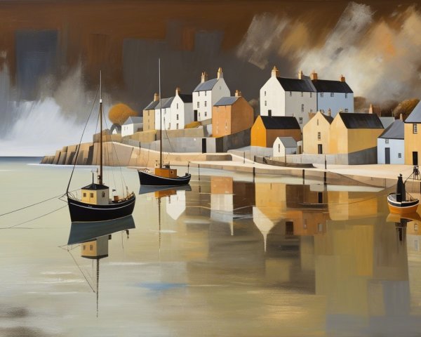 Coastal Village with Pastel Houses and Calm Waters