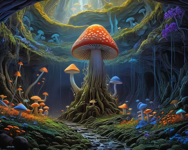 Surreal Fairy Tale Landscape in a Dark Cave