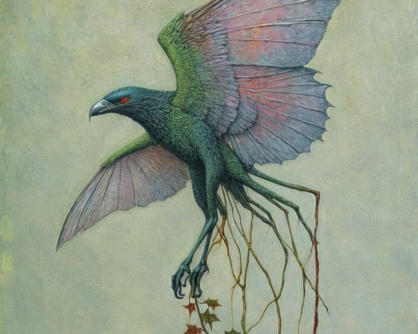Fantastical Bird with Dark Green Feathers and Vines