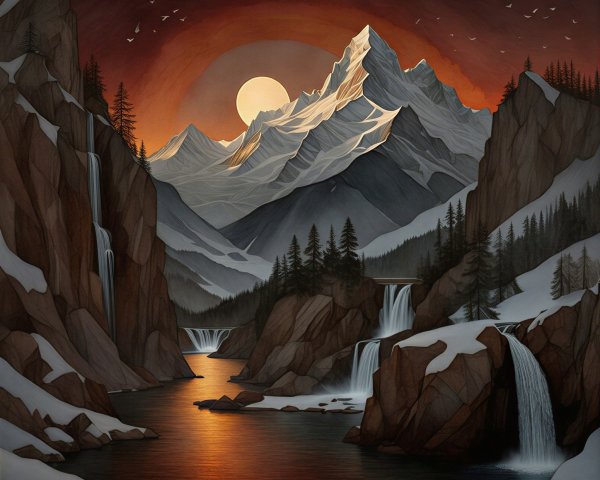 Mountainous Landscape at Sunset with Waterfalls