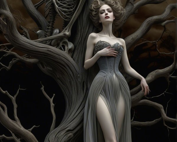 Ethereal Woman and Skeleton Under Moonlit Sky