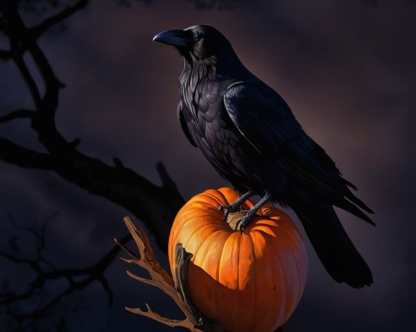 Black Raven on Orange Pumpkin in Dark Atmosphere
