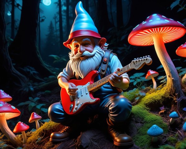 Gnome Playing Guitar in Magical Mushroom Forest