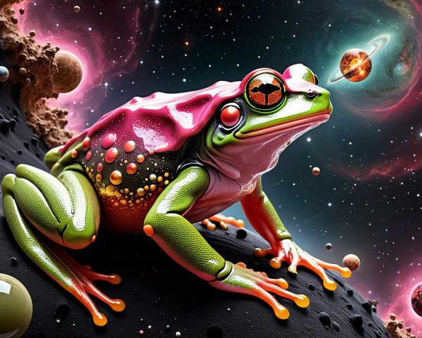 Vibrant Frog in Cosmic Galaxy Background